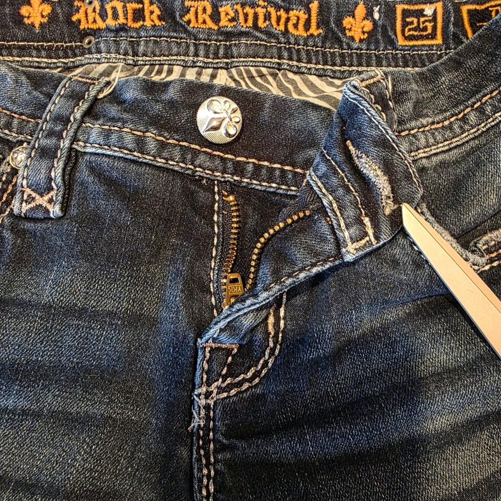 Rock Revival Drew Bootcut Jeans Women Size 25 Dark Wash Distressed Rhinestone - Picture 6 of 14